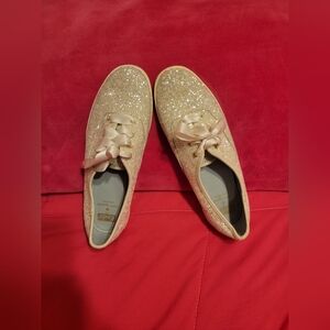 Keds X Kate Spade Sparkly Silver Sneakers with Ribbon Laces